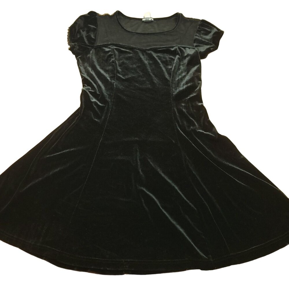 Hot Topic Womens M Dress‎ Black Velvet Swiss Dot Yoke Flare Goth Y2K